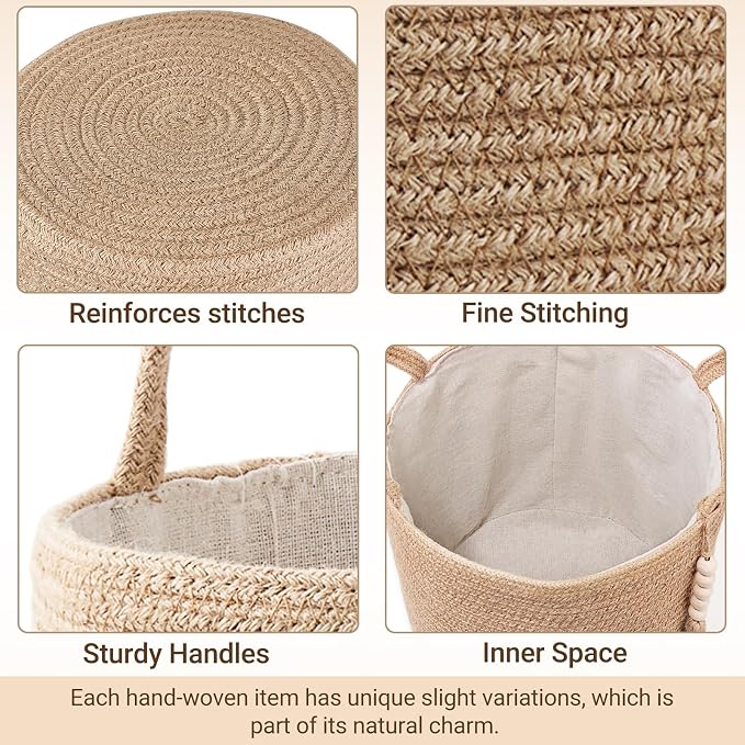 Mkono Woven Storage Basket for Blanket, Toys Plant Organizer, 11"W x 11"L | Brown, Jute, Decorative Basket with Handle, Wood Beads Tassel, Shoes Towel Clothes Storage Bin, Living Room Bedroom Nursery