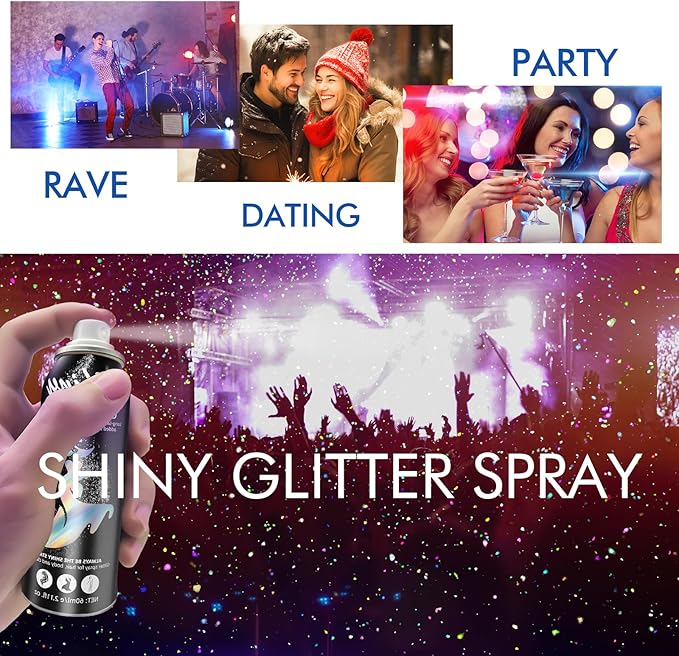 Body Glitter, Body Glitter Spray, Glitter Spray for Hair and Body, Long-Lasting and Quick-Drying Silver Glitter Hairspray Suitable for Stage, Festival Rave and Makeup Prom (2.11 Fl Oz)