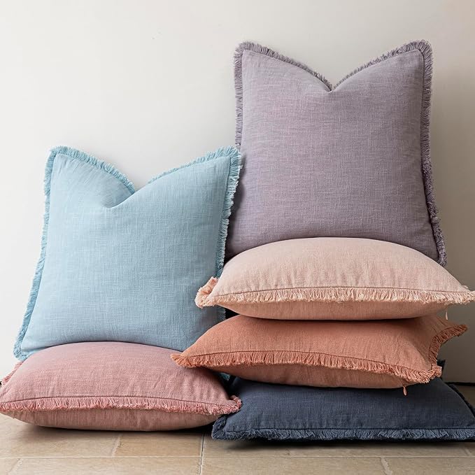 Foindtower Set of 2 Decorative Linen Fringe Throw Pillow Covers Cozy Boho Farmhouse Cushion Cover with Tassels Soft Accent Pillowcase for Couch Sofa Bed Living Room Home Decor,22×22 Inch,Light Blue