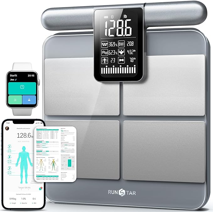 RunStar 8-Electrode Scale for Body Weight, Accurate Body Composition Scale with BMI Body Fat Muscle Mass 50+ Metrics, Rechargeable Body Analyzer with Large Screen Handle, 400lb, Silver