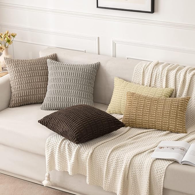 MIULEE Euro Sham Corduroy Decorative Throw Pillow Covers 24x24 Beige | Pack of 2 Soft Boho Striped Pillow Covers Modern Farmhouse Home Decor For Sofa Living Room Couch Bed