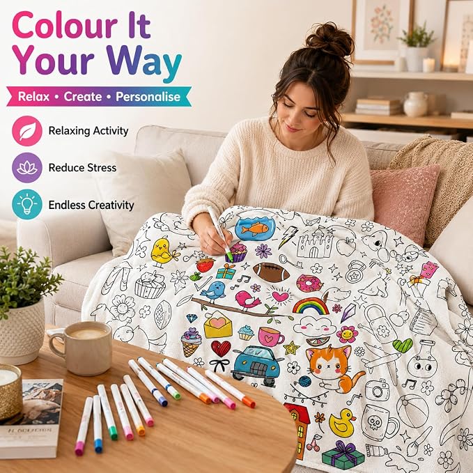 VEELU DIY Cartoon Coloring Blankets with 24 Colors Markers for Adults | Color In Your Own Blankets With 24 Colors Markers, Snuggle Color Sketch Washable Blankets Kit Home Decor