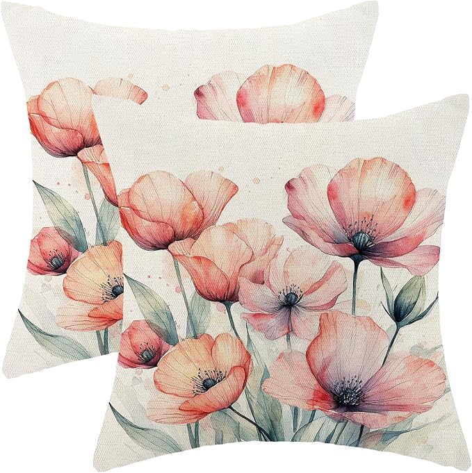 Spring Pillow Covers 18x18 Set of 2 Watercolor Orange Pink Floral Throw Pillow Cover Decoration Summer Seasonal Vintage Flower Farmhouse Decorative Cushion Cover for Home Sofa Outdoor Decor