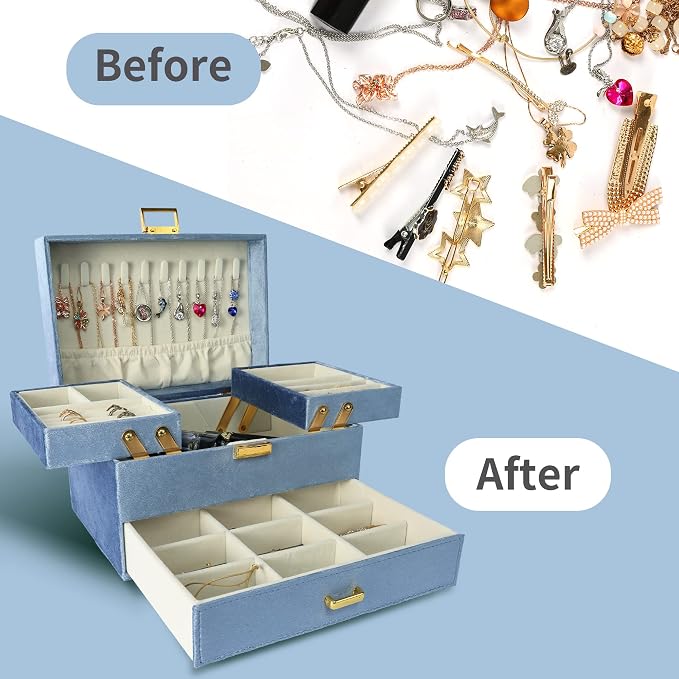 Jewelry Organizer Box, Large Jewelry Boxes for Women Girls, Space-Saving 3 Layers Jewelry Storage Case with Drawer, Gift Idea for Christmas, Valentine's Day, Birthday, Mother's Day (Blue)