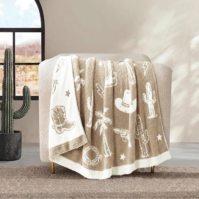 Snuggle Sac Western Throw Blanket for Couch Bed Sofa 50x60 inches, Reversible Beige Cowgirl Blanket Ultra Soft Cozy Blankets for Women Mothers Birthday Gifts