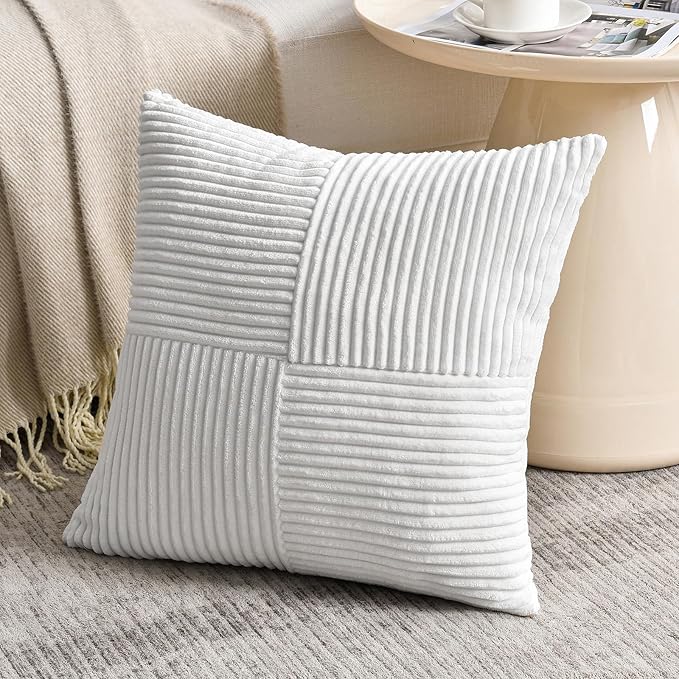 Fancy Homi Set of 1 White Square Decorative Throw Pillow Covers 14x14 Inch for Living Room Bedroom Couch Bed Sofa, Soft Striped Corduroy Modern Rectangle Accent Cushion Case 35x35 cm