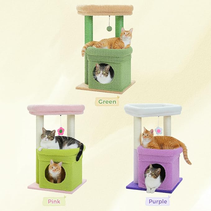 PEQULTI Indoor Cat Tree Tower Small Cats, Sisal Post & Cozy Condo, Pink | Private soft cat condo, soft top perch, natural sisal scratch posts, plush pom-pom toy for indoor kitties