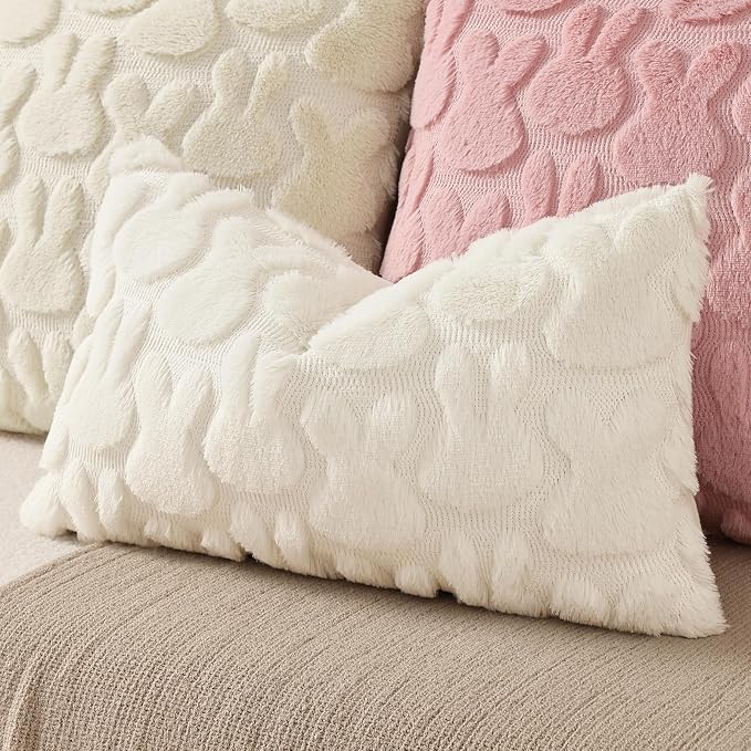 decorUhome Cream White Faux Fur Bunny Throw Pillow Covers 12x20 Set of 2 | Plush Soft Wool Jacquard Cream White Rabbit Cushion Covers, Modern Farmhouse Easter Holiday Decor PillowCases for Sofa Bed