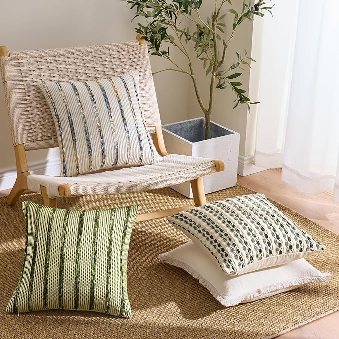 ANRODUO Boho Decorative Throw Pillow Covers Blue Stripe 18x18 Inch Set of 2 | Woven Chenille Decorative Cushion Case with Striped Farmhouse Accent Neutral Pillowcase for Couch Sofa Bed Living, Room Decor