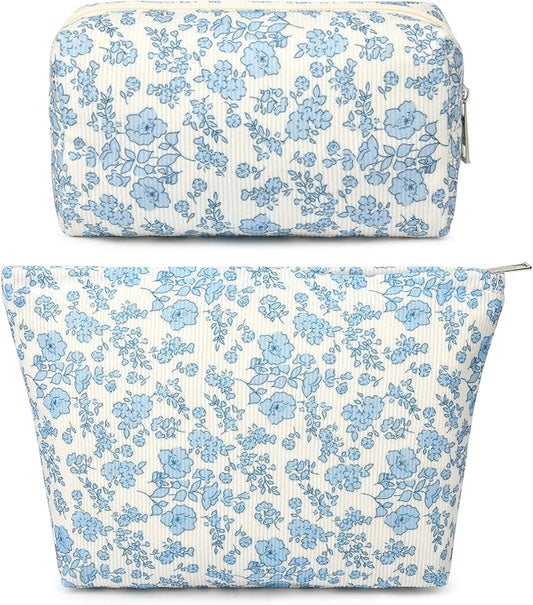 SOIDRAM 2 Pcs Makeup Bag Large Cosmetic Bag Toiletry Bag Makeup Pouch Travel Bag Organizer Cute Makeup Brushes Aesthetic Accessories Storage Bag for Women Blue Floral