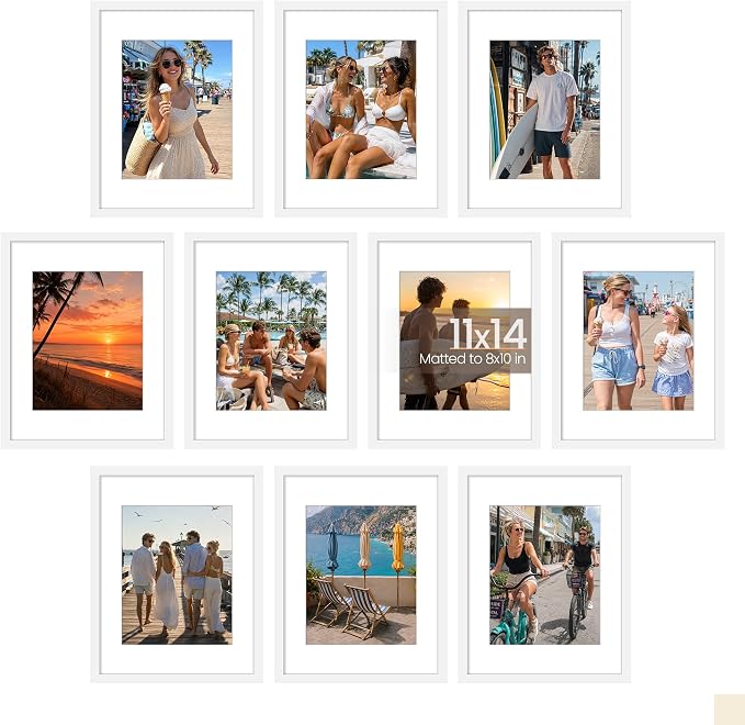 upsimples 11x14 Picture Frame Set of 10, Display Pictures 8x10 with Mat or 11x14 Without, Multi Photo Frames Collage for Wall Display, White | Fit 8x10 with Mat and 11 x 14 Photos, Wall or Tabletop Display, For Gallery Hallway Living Room, For Christma...