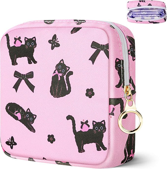 Likesing Tampon Holder for Purse, Canvas Period Bag Sanitary Napkin Storage Bag for Girls Womens, Portable Feminine Emergency Pad Period Pouch(Bow-Tie Black Cat)