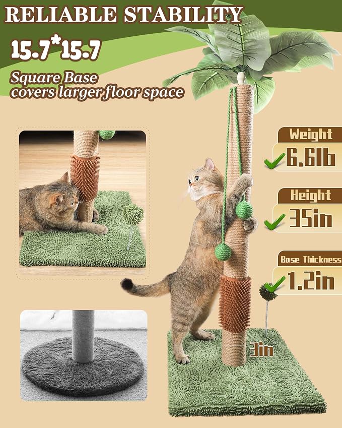 ANWA 35" Tall Simulated Cat Scratching Post with Self-Grooming Rubber Brush | Simulated Green Leaves, Natural Jute Cat Post, Scratch Post with Stable Base, Cat Furniture with Dangling Toys, Small Space