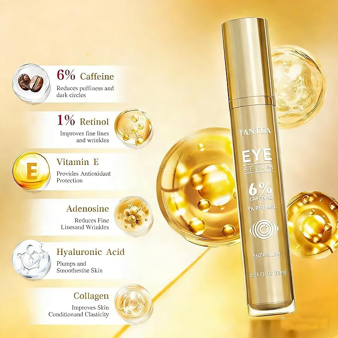 6% Caffeine Eye Cream for Dark Circles & Puffiness, 1% Retinol Eye Serum for Under Eyes Bags, Anti-Aging Eyes Cream for Men and Women (0.52 Fl)