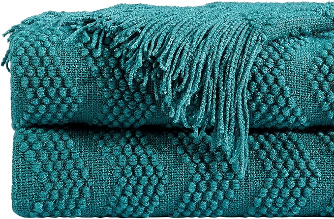 BOURINA Teal Throw Blanket 50x60 Inch Soft Ripple Throw Knitted Blanket | Soft Ripple Throw Textured Solid Soft Throws and Blankets for Sofa or Bed Knitted Decorative Blanket