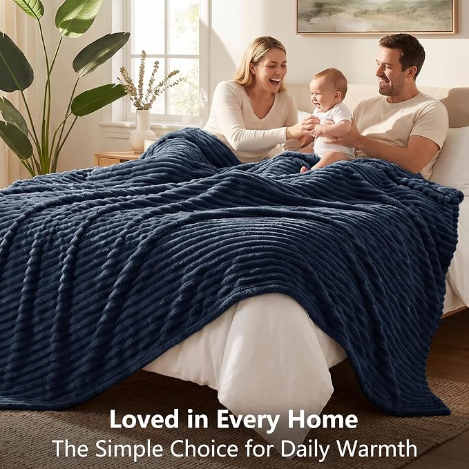 Navy Blue Twin Blanket for Bed & Couch, 60 x 80 Inch | 300GSM Ribbed Fleece Blanket, Soft, Cozy & Lightweight, OEKO-TEX Certified, All-Season Use for Travel, Dorm & Home Decor