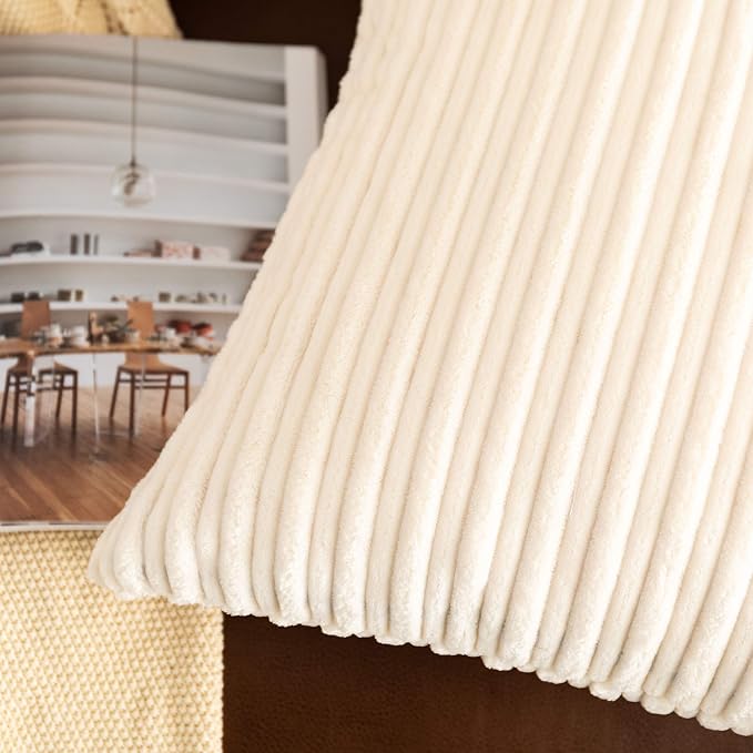 UGASA Corduroy Striped Soft Soild Decorative Square Throw Pillow Covers Set Cushion Cases Pillowcases for Sofa Bedroom, 2 Pcs, 26x26inch, Cream