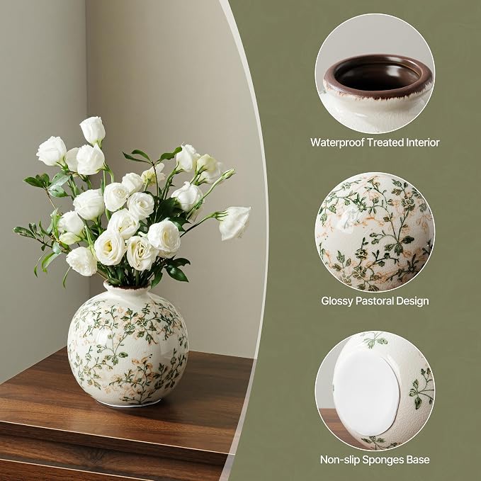 Ceramic Flower Vase for Home Decor, Vintage Green Decorative Vase 5.9 Inch | Rustic Farmhouse Floral Vase for Bookshelf, Coffee Table, Living Room, Kitchen, Mantel, Entryway, Wedding Centerpiece