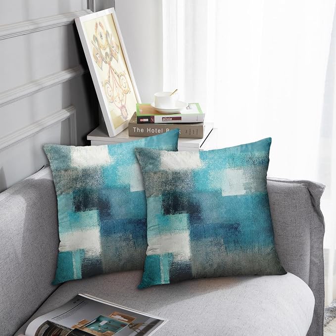 Emvency Throw Pillow Covers Set of 2, 20 x 20 Inch, Turquoise White Gray | Abstract Modern Painting Outdoor Decorative Square Pillow Cases Couch Cushion Case for Couch Bed Sofa Living Room Home Decor