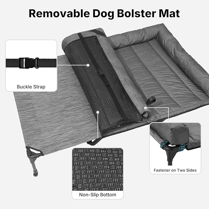 Veehoo Outdoor Elevated Dog Bed with Waterproof Bolster Cushion, Cooling | Raised Dog Bed with Removable & Washable Mat Topper, Breathable Mesh, Dog Couch Cot for Indoor Outdoor, 59", Large, Melange