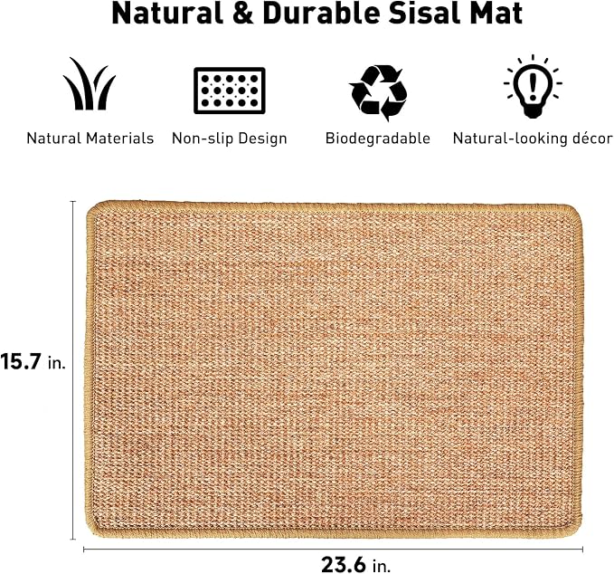 FUKUMARU Cat Scratcher Mat, 23.6 X 15.7 Inch Natural Sisal Cat Scratch Mat | Horizontal Cat Scratching Pad Mat Floor Rug with Sticky Tapes, Cat Wall Scratcher for Indoor Cats, Protect Couch and Carpet