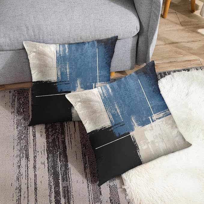 Emvency Throw Pillow Covers Set of 2, 18 x 18 Inch, Abstract Modern Navy | Beige Painting Outdoor Decorative Square Pillow Cases Couch Cushion Case for Couch Bed Sofa Living Room Home Decor