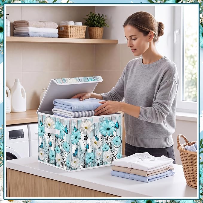 Briwooody Blue Daisy Storage Bin with Lid and Carrying Handle Floral Butterfly Foldable Storage Box Large Farmhouse Decorative Collapsible Container Basket for Organizing Closet Home Bedroom Gift