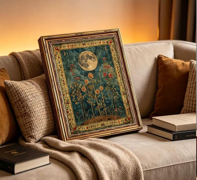 Vintage Gold Framed Celestial Moon Wall Art,Tarot Crescent Moon Painting Canvas Print,Gothic Moody Wildflowers Wall Decor,Dark Academia Vibe Poster Artwork,for Living Room Bedroom Bathroom
