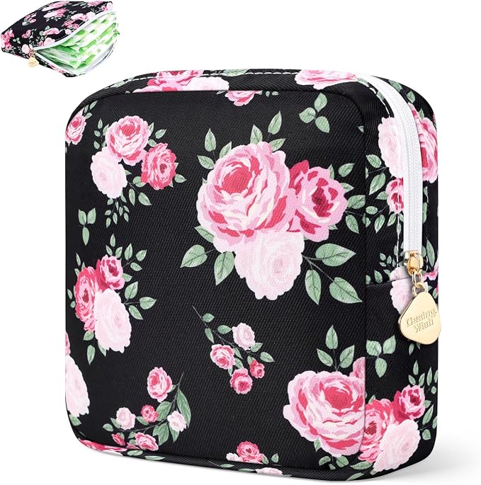 Sanitary Pad Storage Bag Portable Period Bag for Teen Pads/Sanitary Napkins/Small Tampons, Sanitary Napkin Storage Bag First Period Gifts for Teen Girls (Black Rose Bouquet)