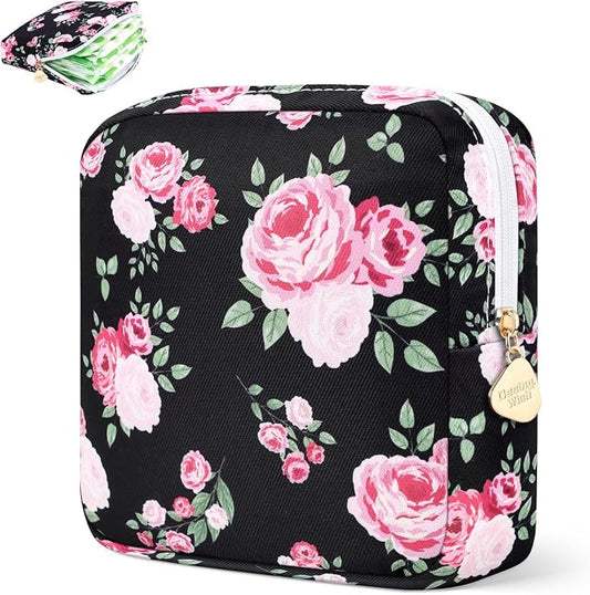 Sanitary Pad Storage Bag Portable Period Bag for Teen Pads/Sanitary Napkins/Small Tampons, Sanitary Napkin Storage Bag First Period Gifts for Teen Girls (Black Rose Bouquet)