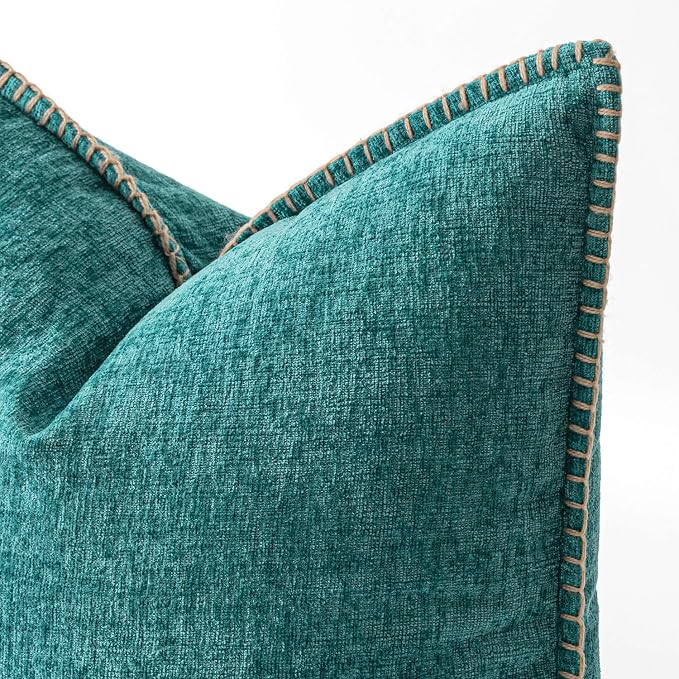 MIULEE Decorative Lumbar Throw Pillow Covers 12x20 Inch Teal 2 Pack | Farmhouse Pillow Covers with Stitched Edge, Soft Chenille Cushion Cases, for Couch Sofa Bed Living Room Home Decor