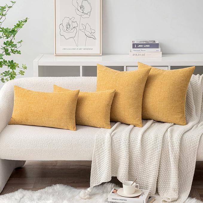 MIULEE Soft Chenille Lumbar Throw Pillow Covers Beige Yellow 12x20 Inch | Pack of 2, Modern Decor, Classic Decorative Pillows, Solid Dyed Cases, Boho Couch Cushion Covers for Sofa Bed Living Room