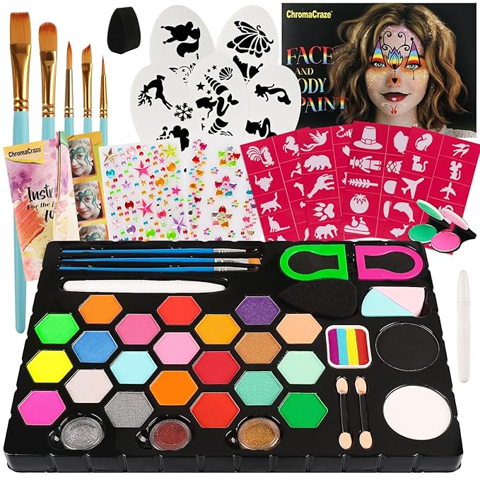 Face Painting Kit for Kids 24 Colors Water-Based Non-Toxic Face Paint Palette With Brushes&Stencils, Hair Chalk, Gems, Glitters, Crayon, Halloween Makeup Kit for Parties, Cosplay, Face Body Art