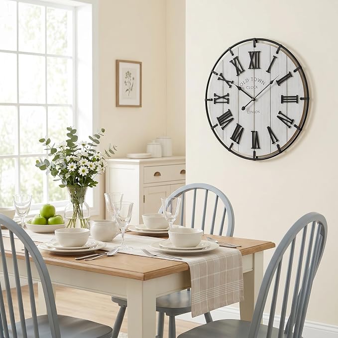 EMAX HOME Large 20 Inch Farmhouse Wall Clock, Distressed White Wood Grain Dial with Heavy Duty Black Metal Frame, Silent Non-Ticking Sweep Movement for Living Room, Bedroom, Kitchen or Entryway