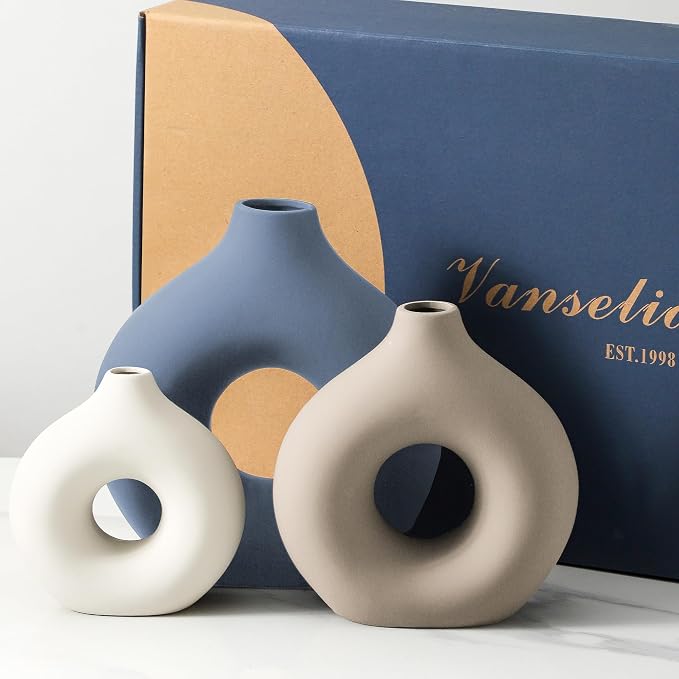 Vanselia Ceramic Vase Home Table Decor - Flower Vases Set of 3 Small Living Room Centerpiece Decorations for Shelf Bedroom Office Kitchen Dining Desk Modern Aesthetic Farmhouse Decorative (Blue)