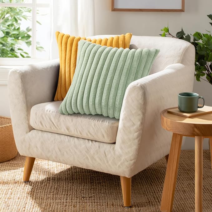 Pallene Faux Fur Decorative Throw Pillow Covers 18x18 Set of 2, Yellow | Luxury Plush Texture, Striped Design, Cozy Soft Touch, Modern Home Accent Decor for Couch, Sofa, Bed, Living Room