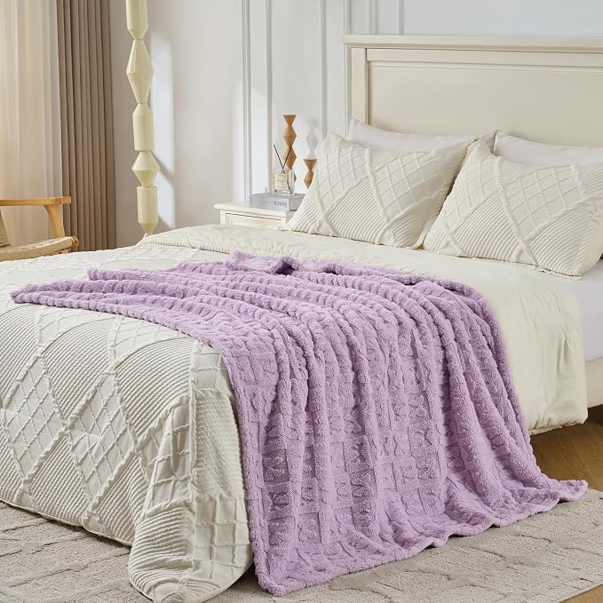 Lavender Plush Throw Blanket 50 x 60 Inch, Soft Fuzzy Fleece Blanket with Purple Bow, Cozy Decorative Blanket for Couch, Sofa, Bed and Bedroom