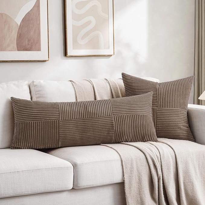 Fancy Homi Set of 1, Decorative Light Brown Corduroy Patchwork Soft Striped Modern Accent Cushion Case Farmhouse Boho Neutral Throw Pillow Covers for Chair Couch Sofa Bed Living Room Home 54x21 Inch