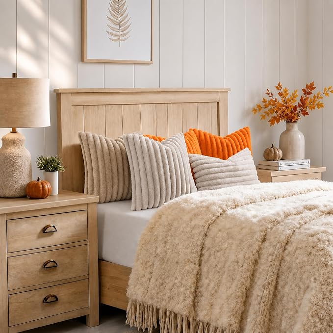 decorUhome Fall Faux Fur Throw Pillow Covers 16x16 Set of 2 Orange | Decorative Soft Cozy Striped Plush Modern Farmhouse Boho Couch Pillow Cases Velvet Back for Sofa Bed Living Room Home Decor