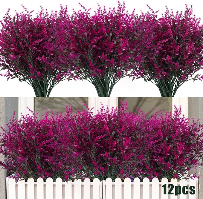 RECUTMS Outdoor Artificial Plant UV Resistant Flower Fake Stems Plants 12Pc | Faux Plastic Greenery for Indoor Outside Hanging Plants Garden Porch Window Box Wedding Farmhouse Outdoor Patio Decorations