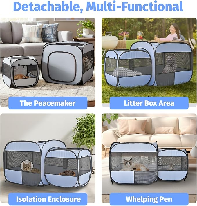 2-in-1 Portable Cat Playpen, Detachable into 2 Separate Cages with Additional 2 Doors, Pop up Pet Play Pen Cat Tent House, Foldable Puppy Enclosure Kitten Crates Indoors Outdoor(Grey)