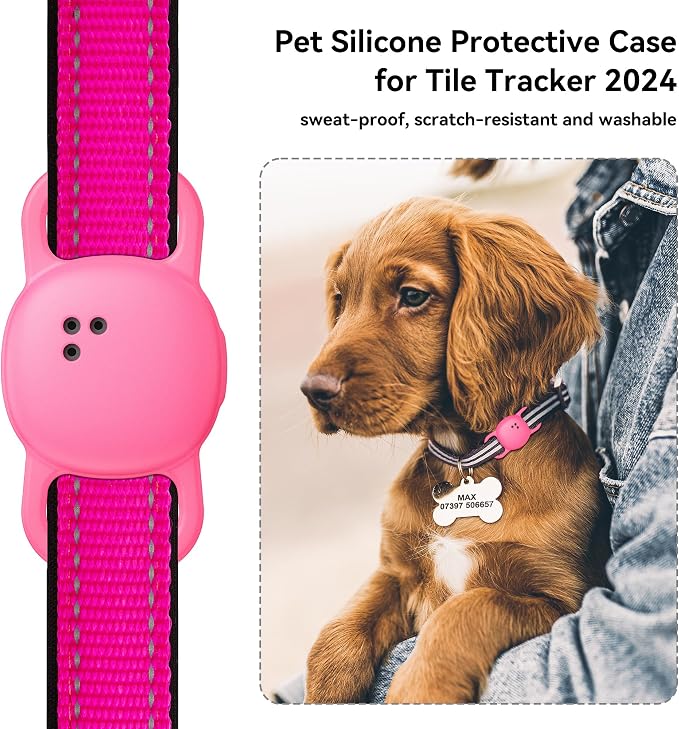 Cat Collar Case for Life360 Tile Sticker Tracker, 2-Pack Silicone Anti-Lost Protective Cover for Life 360 Tile Sticker Holder for Dog/Pet Collars, Durable, Easy Installation, Lightweight, Neon Pink