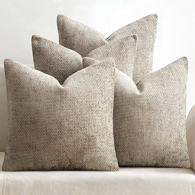 MIULEE Soft Decorative Chenille Pillow Covers Khaki 20x20 Pack of 4 | Modern Home Decor, All Same Khaki Color Set, Couch Throw Pillows, Farmhouse Boho Cushion Covers for Sofa Bed Living Room