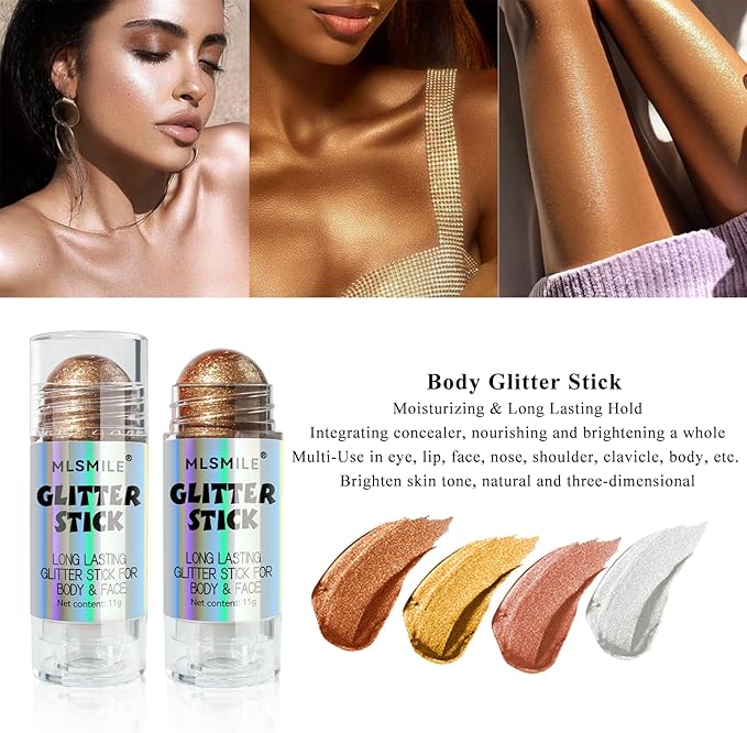 Brown Body Glitter Stick, Multi-Use Highlighter Makeup, Long Lasting Glitter Stick for Body & Face Eyes Lip, Glitter Sparkling Mermaid Sequins for Women, Great for Daily, Festival, Party