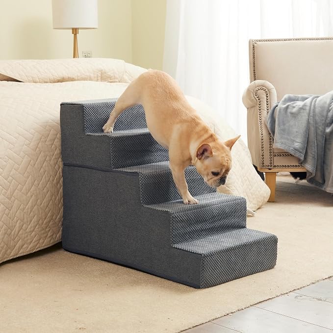 EHEYCIGA Dog Stairs for High Bed 22.5" H, 5-Step Dog Steps, Grey | Pet Steps for Small Dogs and Cats for Bed, Non-Slip Balanced Pet Ramp Indoor