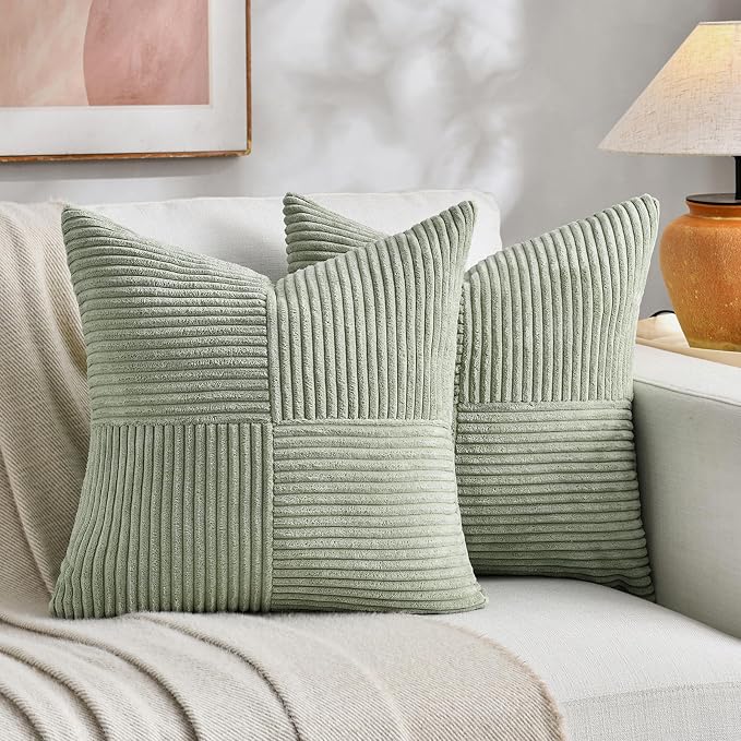 Fancy Homi Sage Green Decorative Throw Pillow Covers 22x22 Inch for Living Room Couch Bed Sofa, Farmhouse Boho Home Decor, Soft Corss Corduroy Patchwork Accent Square Cushion Case 55x55 cm