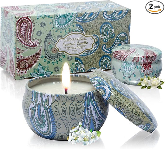 Candles Gifts for Women, 2 Pack 2.5 oz Fresh Gardenia and Jasmine Scented Candles Set for Relaxing Aromatherapy, Up to 24 Hours Burning Time, Natural Soy Candles Gifts for Christmas