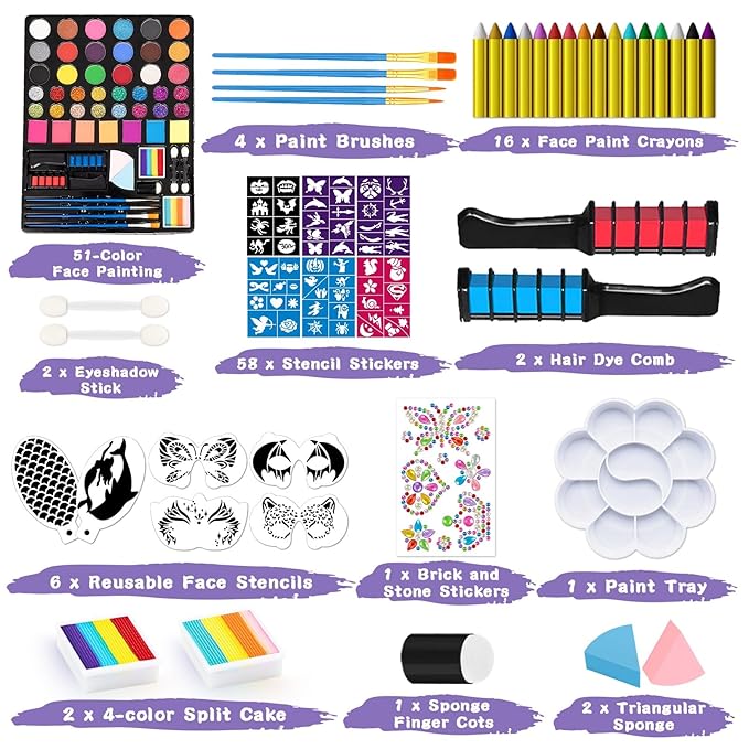 Face Painting Kit for Kids, 51 Colors Water Based Non-Toxic Paint, with 4 Brushes, 38 Stencils, 6 Reusable Stencils, etc. Washable Face Paints for Birthdays Halloween Party Carnival