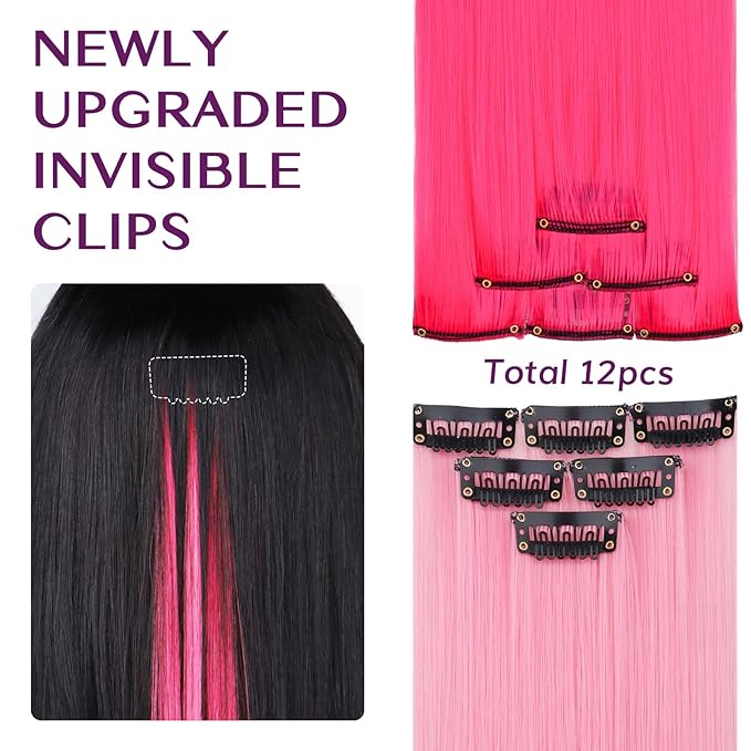 IDN BEAUTY Colored Clip in Hair Extension, 12PCS Pink Hot Pink 24Inch Multicolored Deep Purple Mix Synthetic Hair Pieces for Women, Hair Accessories for Party Cosplay Travel Birthday