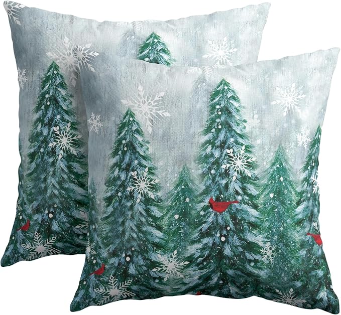 Kawani Winter Forest Throw Pillow Covers 18x18 Inches, Set of 2 Green Trees Birds Snow Woodlands Square Pillowcase Cotton Linen Cushion Covers for Couch Chair Sofa Bed Living Room Decor